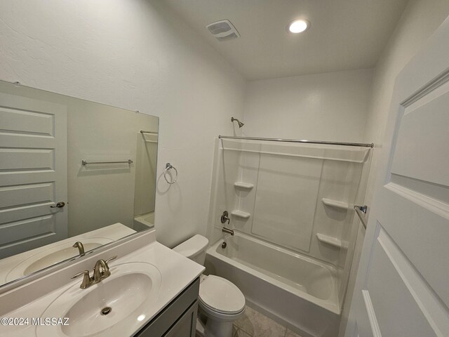 full bathroom with tile patterned floors, vanity, tub / shower combination, toilet, and visible vents