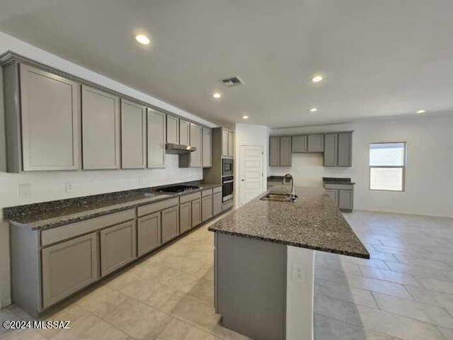 kitchen with gray cabinets, under cabinet range hood, appliances with stainless steel finishes, and a sink
