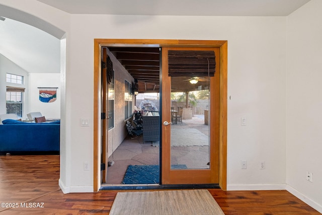 entryway featuring baseboards, a wealth of natural light, and wood finished floors