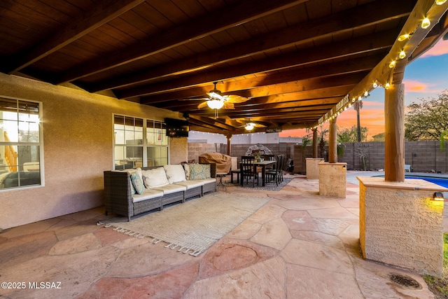 view of patio with outdoor lounge area, outdoor dining space, and a fenced backyard