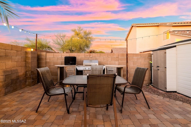 view of patio featuring area for grilling, outdoor dining area, a fenced backyard, and a grill