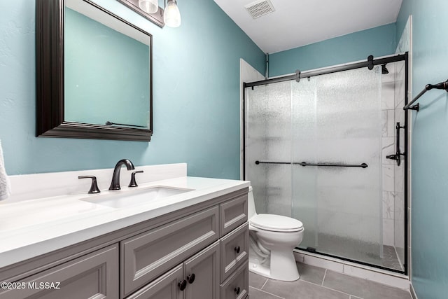 bathroom featuring visible vents, tile patterned flooring, vanity, toilet, and a stall shower