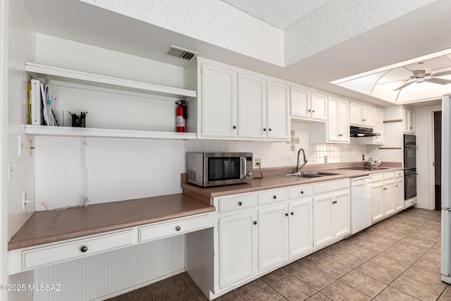 kitchen with visible vents, open shelves, a sink, black appliances, and under cabinet range hood