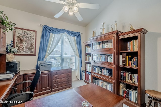 office with ceiling fan and light colored carpet