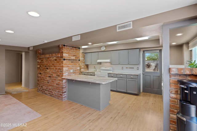 3202 W Calle Cereza, Tucson, AZ 85741 - kitchen with light wood finished floors, gray cabinets, visible vents, a peninsula, and white range with electric cooktop