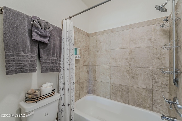 bathroom with toilet and shower / bathtub combination with curtain