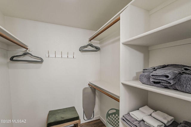 walk in closet with dark wood finished floors