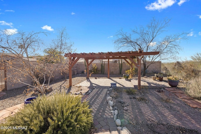 view of yard with a patio, a fenced backyard, and a pergola
