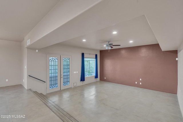 empty room with recessed lighting, ceiling fan, and french doors