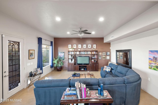 living room featuring recessed lighting, a ceiling fan, and visible vents
