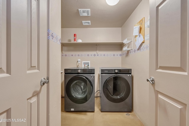 laundry room with separate washer and dryer, laundry area, and visible vents