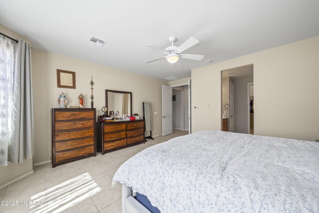 bedroom with light tile patterned floors, visible vents, a ceiling fan, and baseboards
