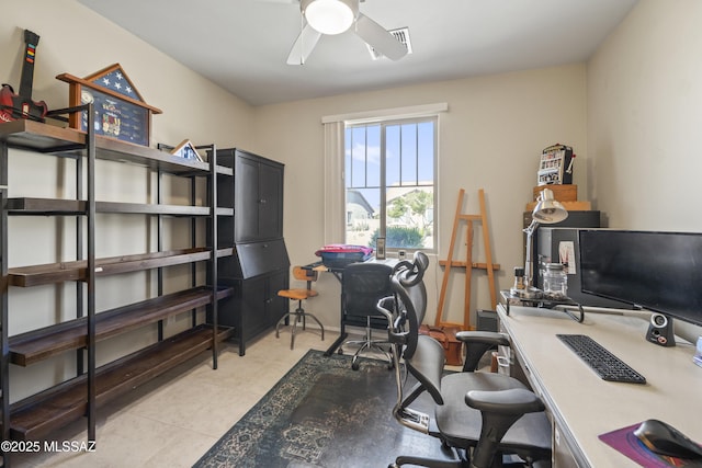 office featuring tile patterned flooring, ceiling fan, and visible vents