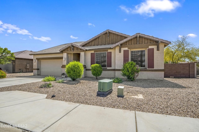 single story home featuring concrete driveway, a garage, stucco siding, and fence