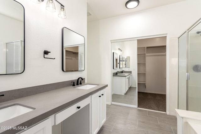 bathroom featuring double vanity, a walk in closet, a stall shower, and a sink