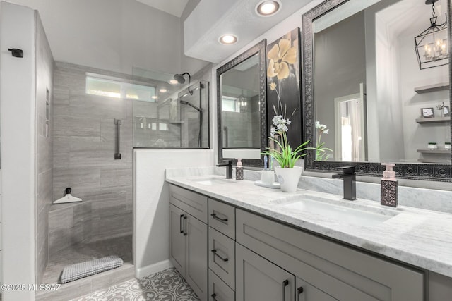 5305 N Via Ln, Doncella, Tucson, AZ 85750 - full bath with tiled shower, double vanity, tile patterned flooring, and recessed lighting