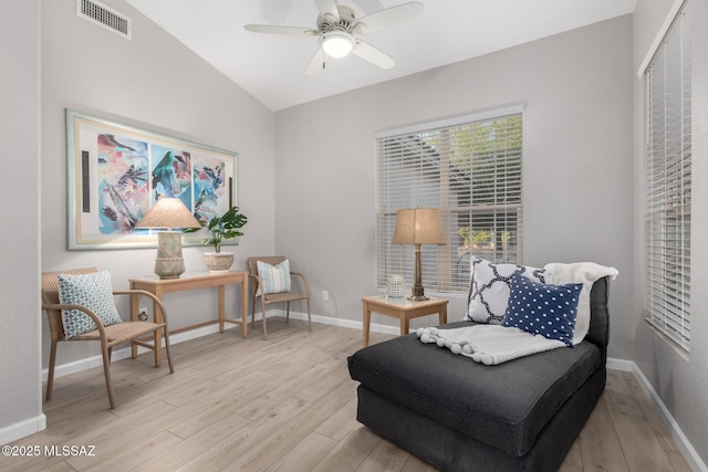 5305 N Via Ln, Doncella, Tucson, AZ 85750 - living area featuring light wood-style flooring, a ceiling fan, baseboards, and lofted ceiling