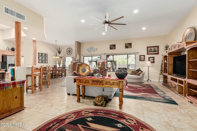living room featuring visible vents, recessed lighting, ceiling fan, and light tile patterned floors