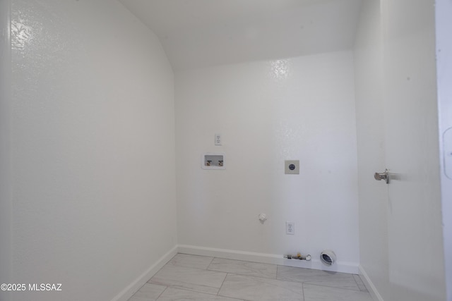 clothes washing area with electric dryer hookup, marble finish floor, gas dryer hookup, washer hookup, and baseboards