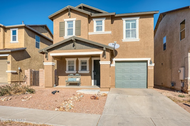 view of front of home with a garage, covered porch, stucco siding, board and batten siding, and concrete driveway