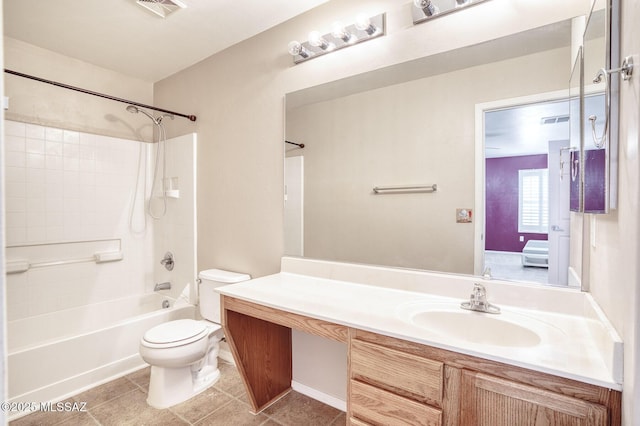 bathroom with washtub / shower combination, vanity, toilet, tile patterned floors, and visible vents