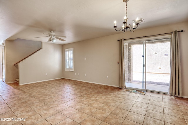 unfurnished room featuring ceiling fan with notable chandelier, stairs, baseboards, light tile patterned floors, and visible vents