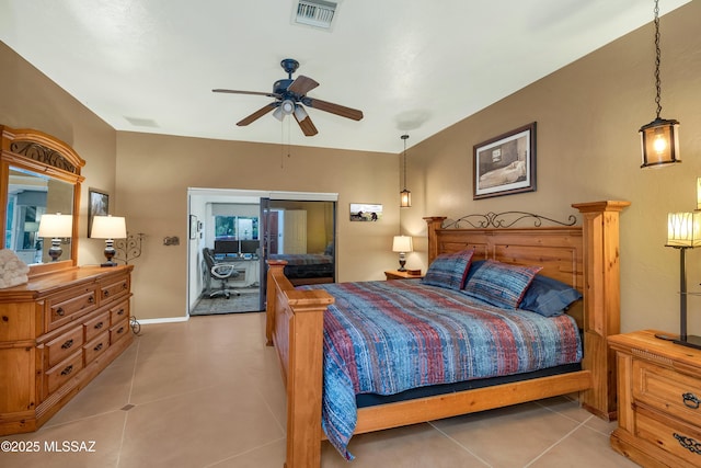 bedroom featuring visible vents, tile patterned flooring, and access to exterior