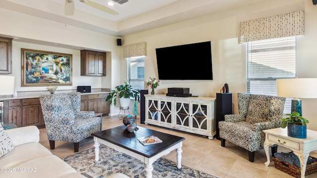 2230 E Thunder Bluff Dr, Green Valley, AZ 85614 - living room featuring light tile patterned floors and a ceiling fan