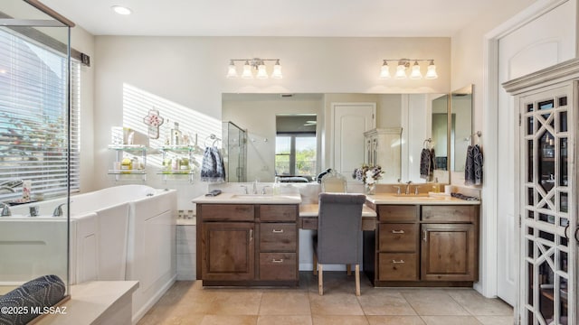 2230 E Thunder Bluff Dr, Green Valley, AZ 85614 - full bath featuring vanity, a shower stall, tile patterned floors, and a tub to relax in