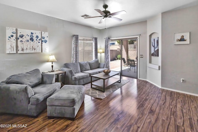 14472 S Camino Tierra Monte, Sahuarita, AZ 85629 - living room with wood finished floors, a ceiling fan, and baseboards