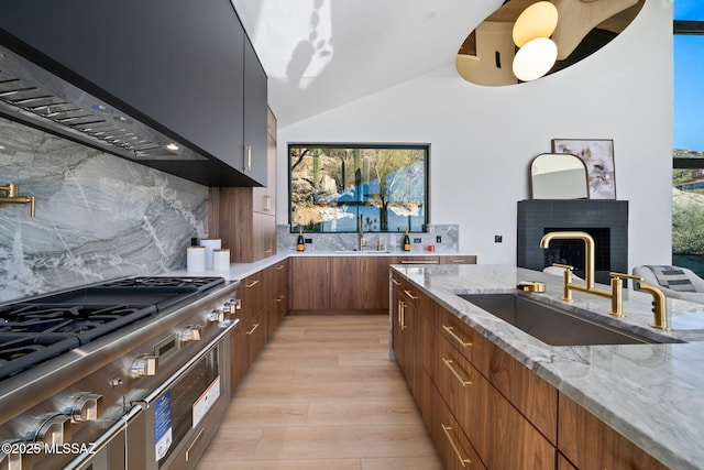 kitchen featuring backsplash, exhaust hood, double oven range, and a sink