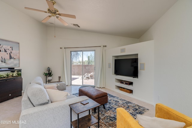 living area with a ceiling fan, visible vents, built in shelves, light tile patterned floors, and lofted ceiling