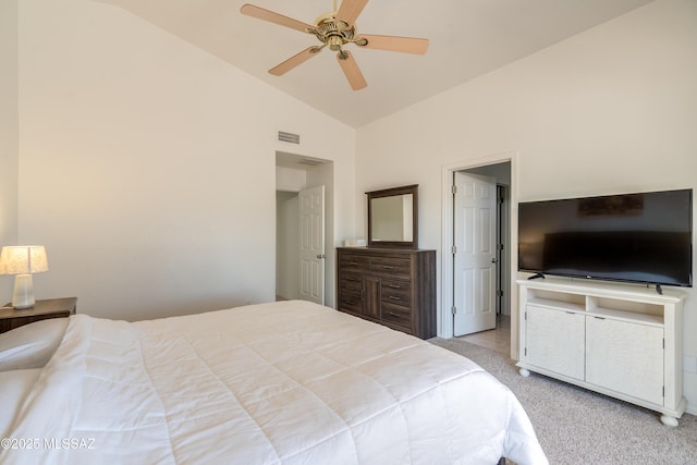 bedroom featuring light colored carpet, high vaulted ceiling, visible vents, and ceiling fan