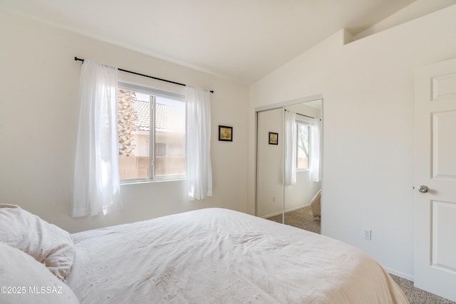 bedroom with carpet floors, baseboards, lofted ceiling, and a closet
