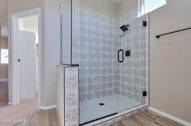 9290 N Jessy Ln, Tucson, AZ 85742 - bathroom with wood finished floors, baseboards, and tiled shower