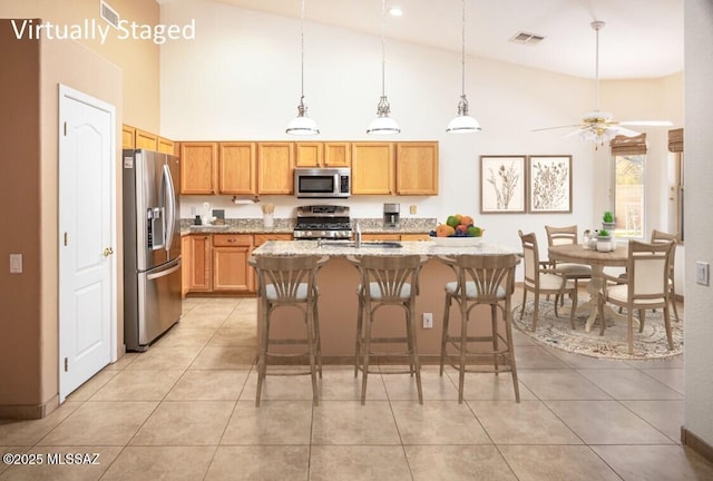 2377 W Catalina View Dr, Tucson, AZ 85742 - kitchen with stainless steel appliances, high vaulted ceiling, light stone counters, a kitchen bar, and light tile patterned floors