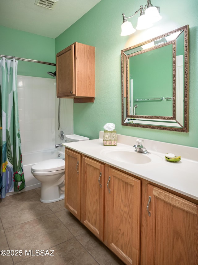 2377 W Catalina View Dr, Tucson, AZ 85742 - bathroom featuring vanity, toilet, shower / tub combo, and tile patterned floors