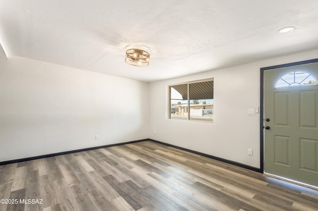 foyer featuring baseboards, wood finished floors, and a healthy amount of sunlight