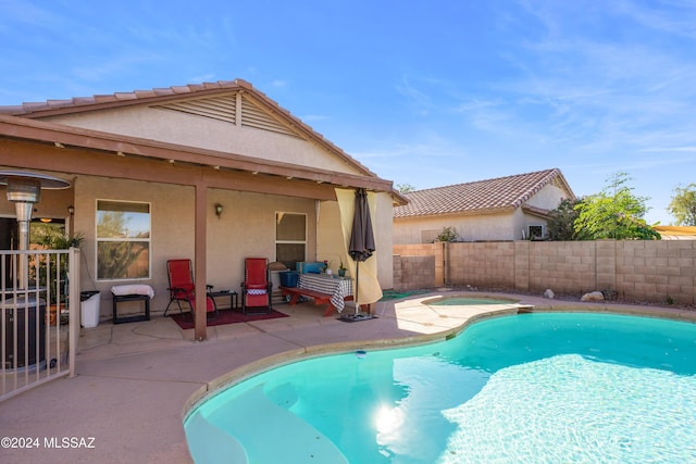 view of swimming pool featuring a fenced in pool, a patio, and a fenced backyard
