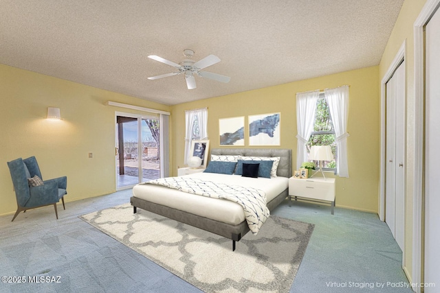 2778 S Via Del Bac, Green Valley, AZ 85622 - bedroom with a textured ceiling, ceiling fan, carpet flooring, and access to exterior