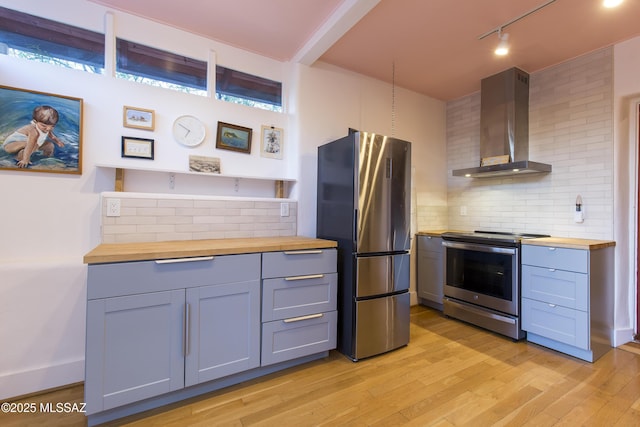 kitchen featuring gray cabinets, tasteful backsplash, butcher block countertops, stainless steel appliances, and wall chimney exhaust hood
