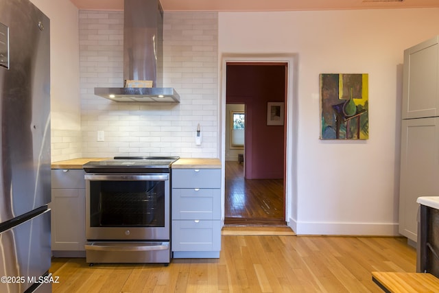 kitchen featuring gray cabinets, wood counters, appliances with stainless steel finishes, and wall chimney range hood