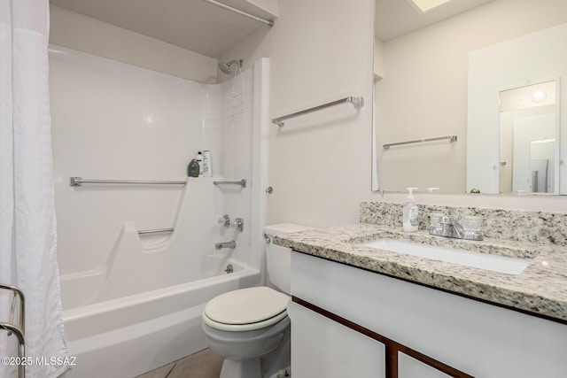 full bath with tile patterned floors, vanity, toilet, and shower / tub combo with curtain