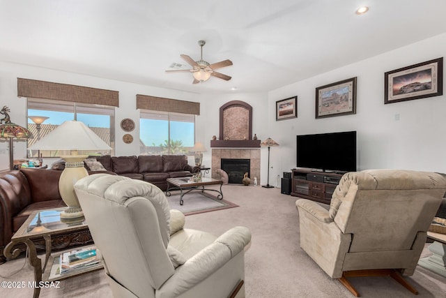 60621 E Eagle Heights Dr, Tucson, AZ 85739 - living room featuring recessed lighting, ceiling fan, light carpet, and a fireplace