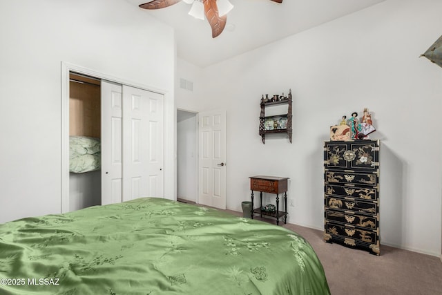 60621 E Eagle Heights Dr, Tucson, AZ 85739 - carpeted bedroom with a ceiling fan, high vaulted ceiling, visible vents, and a closet
