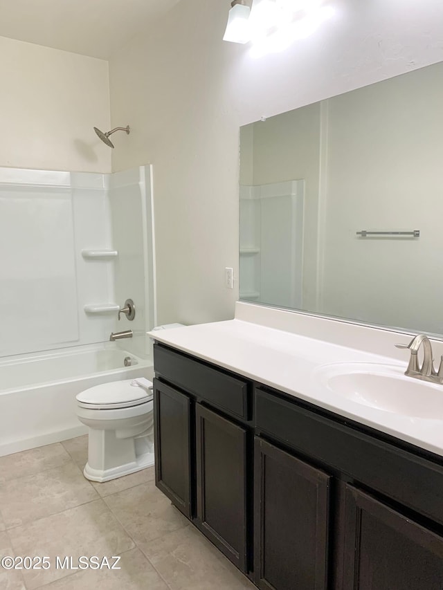 full bath with bathing tub / shower combination, toilet, tile patterned flooring, and vanity