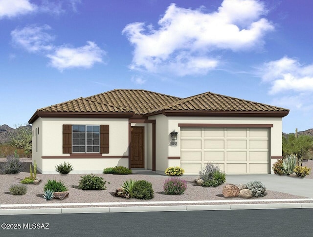 view of front of home featuring driveway, a tiled roof, stucco siding, and an attached garage
