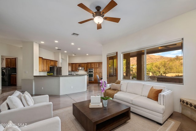 6340 N Placita Alta Reposa, Tucson, AZ 85750 - living room featuring light tile patterned floors, recessed lighting, a ceiling fan, and visible vents