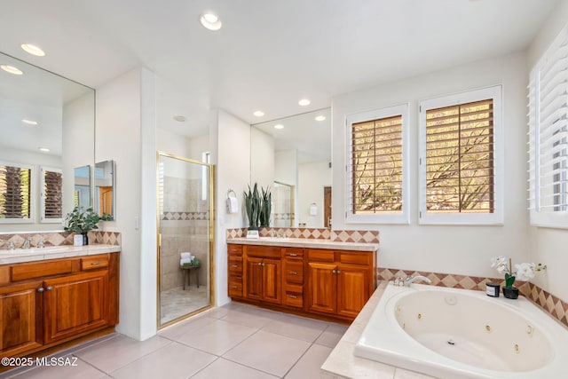6340 N Placita Alta Reposa, Tucson, AZ 85750 - bathroom with a sink, tile patterned floors, a stall shower, backsplash, and a tub with jets