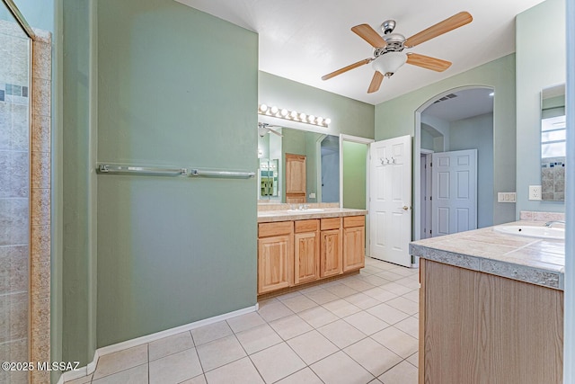 full bath featuring tile patterned floors, visible vents, ceiling fan, and vanity